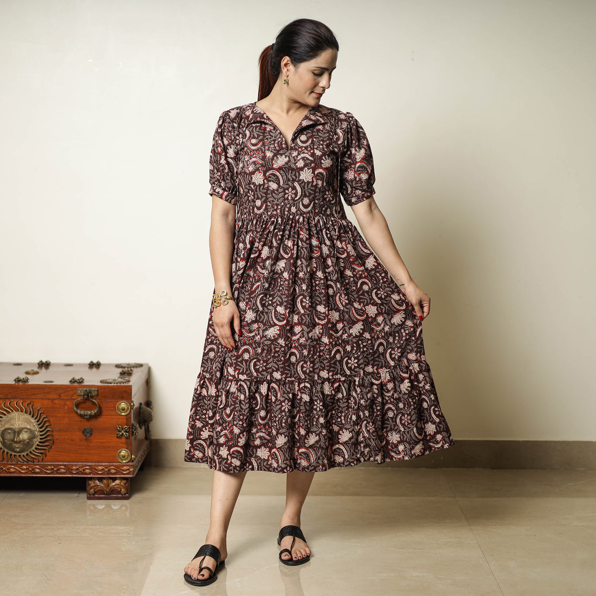 Maroon - Bagru Block Printed Cotton Tiered Dress 15