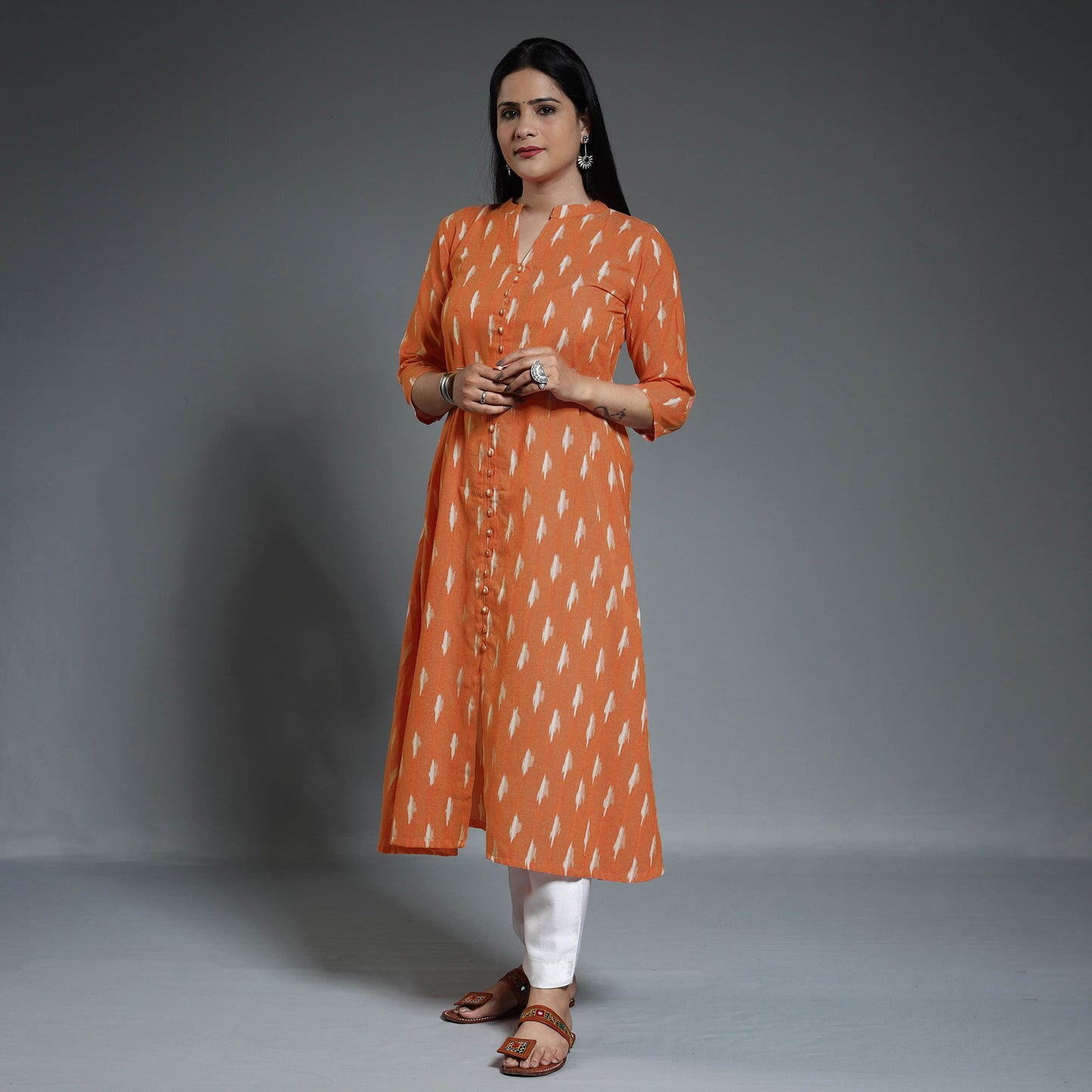 Peach Pochampally Ikat Weave Cotton Long Kurta