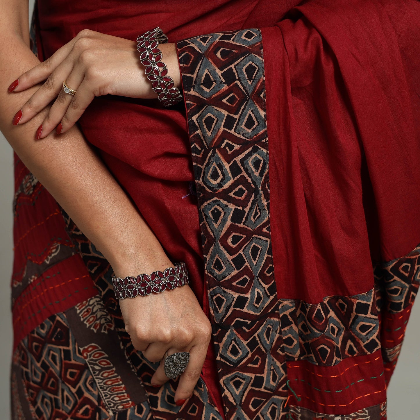 Maroon - Applique Patchwork Mul Cotton Tagai Ajrakh Saree 14