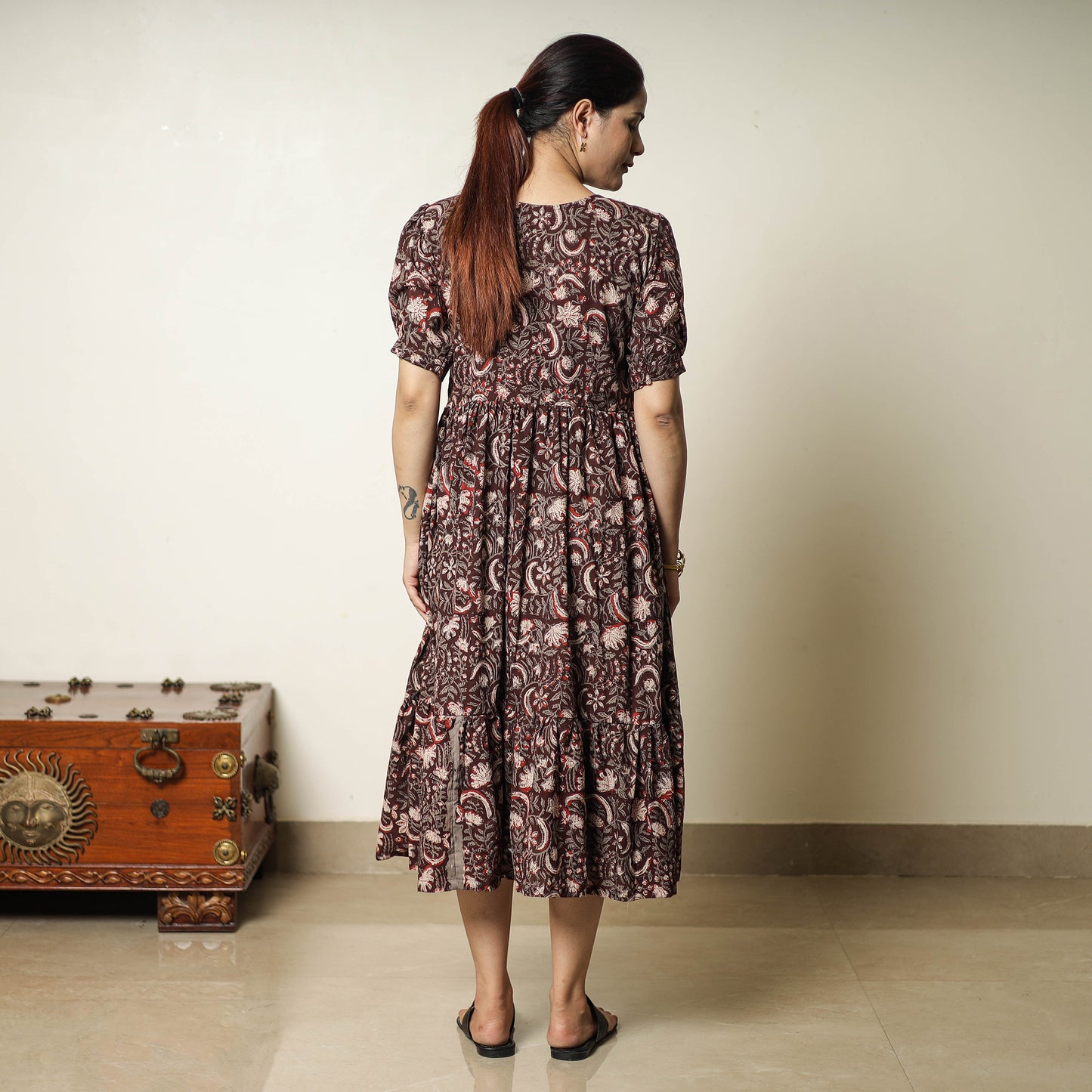 Maroon - Bagru Block Printed Cotton Tiered Dress 15