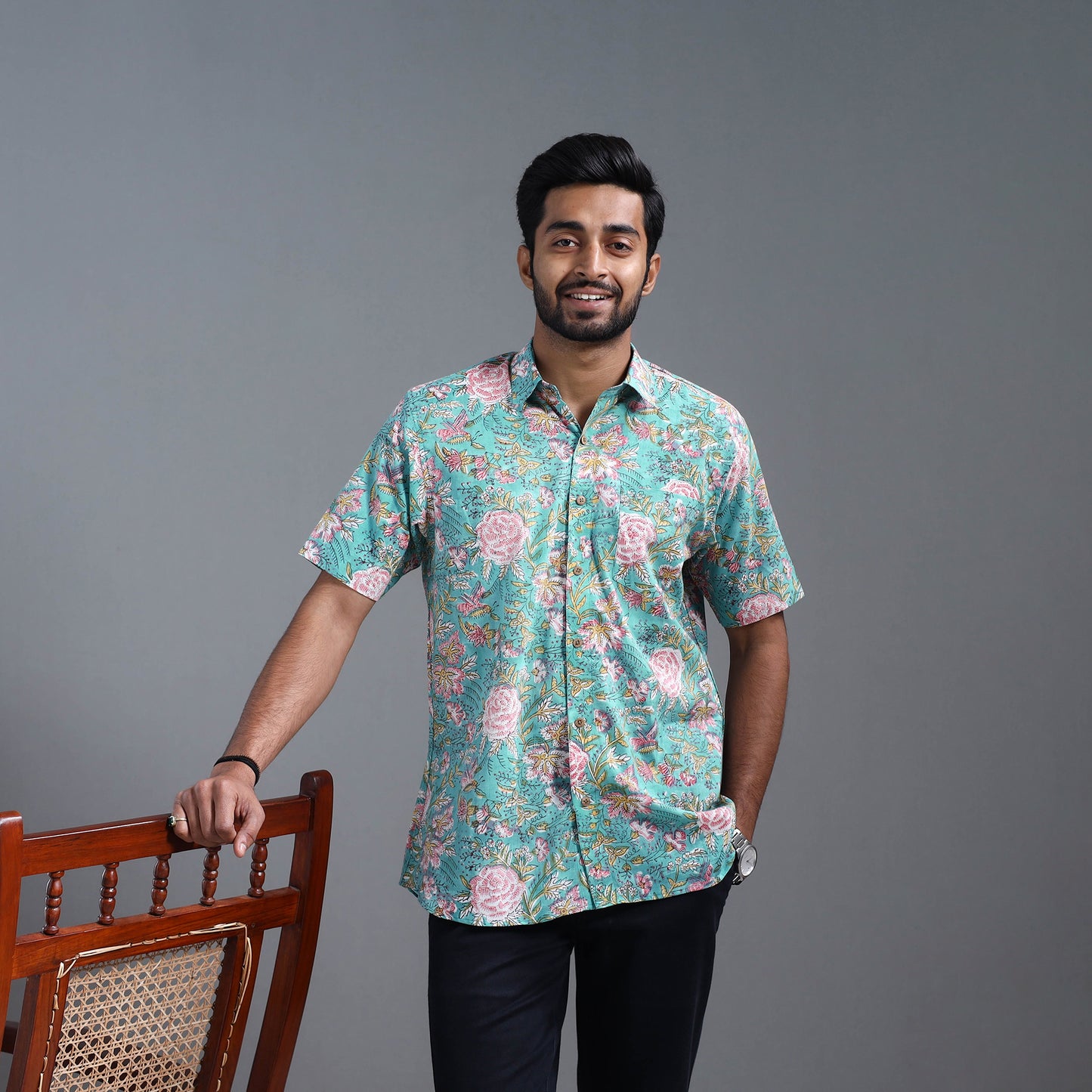 Sea Green - Sanganeri Block Printed Cotton Men Half Sleeve Shirt 15