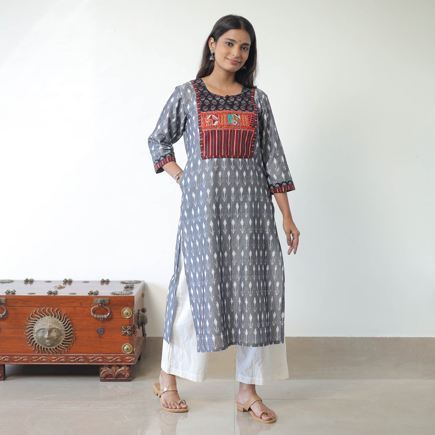 Grey - Mercerised Cotton Pochampally Ikat Kurta (Straight) 06