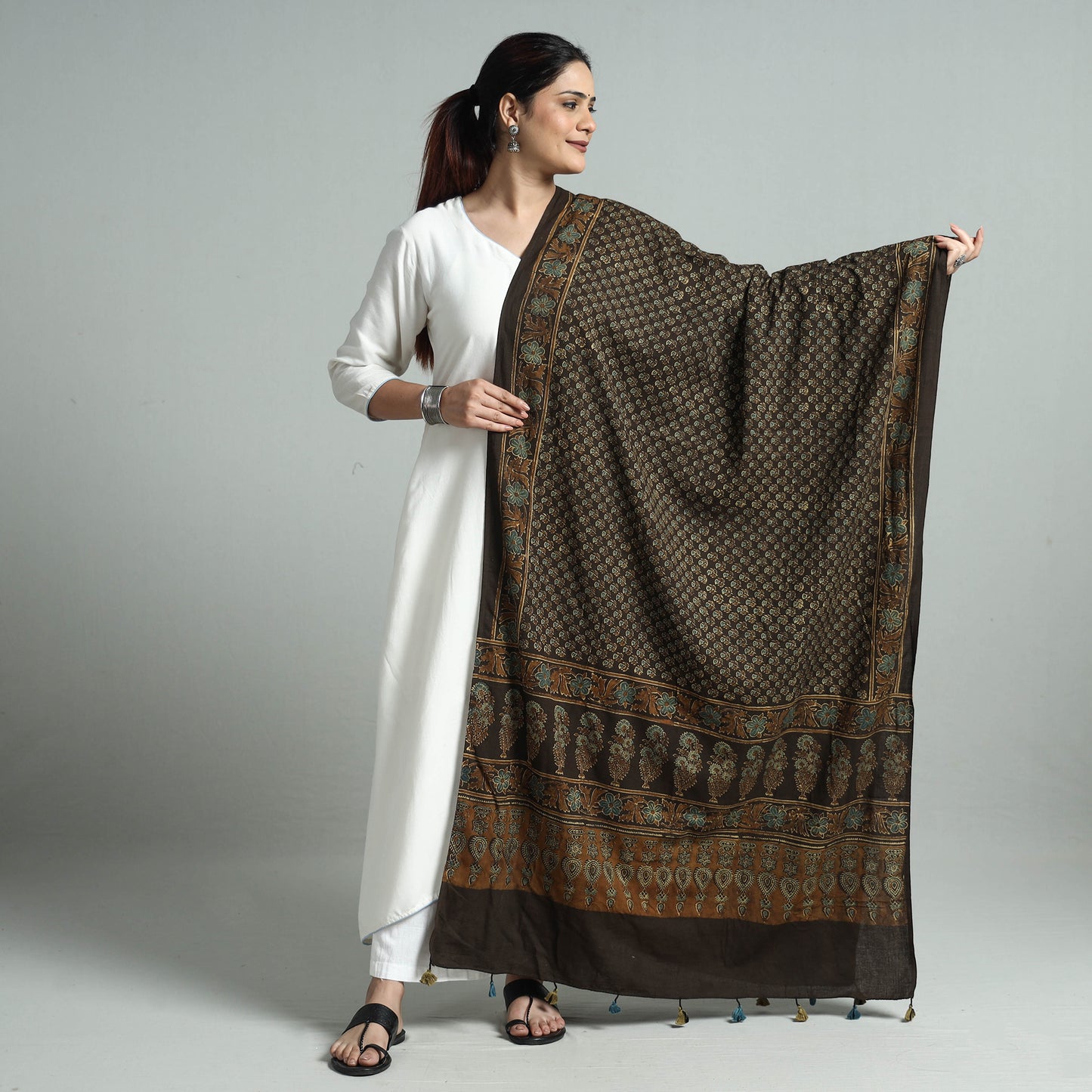 Brown - Hand Block Printed Cotton Ajrakh Dupatta 21