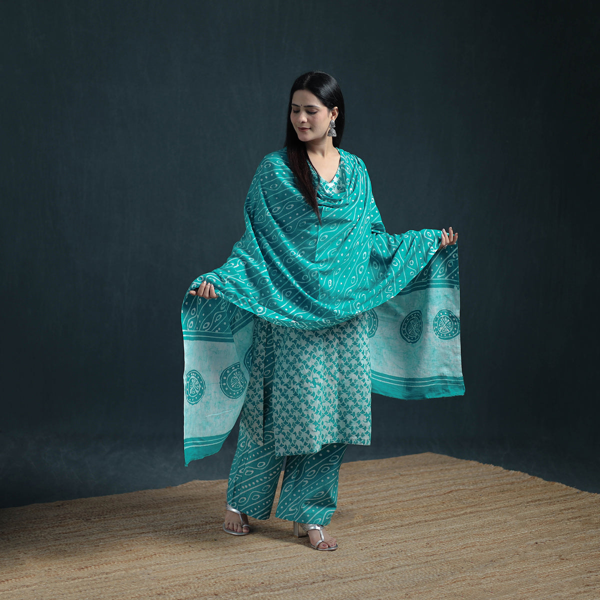 Hand Batik Print Cotton Suit Set with Dupatta for Women 31