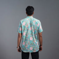 Sea Green - Sanganeri Block Printed Cotton Men Half Sleeve Shirt 15