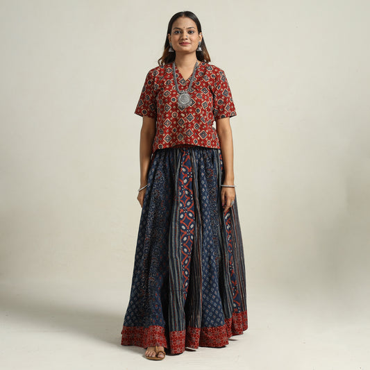 Ajrakh Block Printed 24 Kali Patchwork Cotton Long Skirt 39