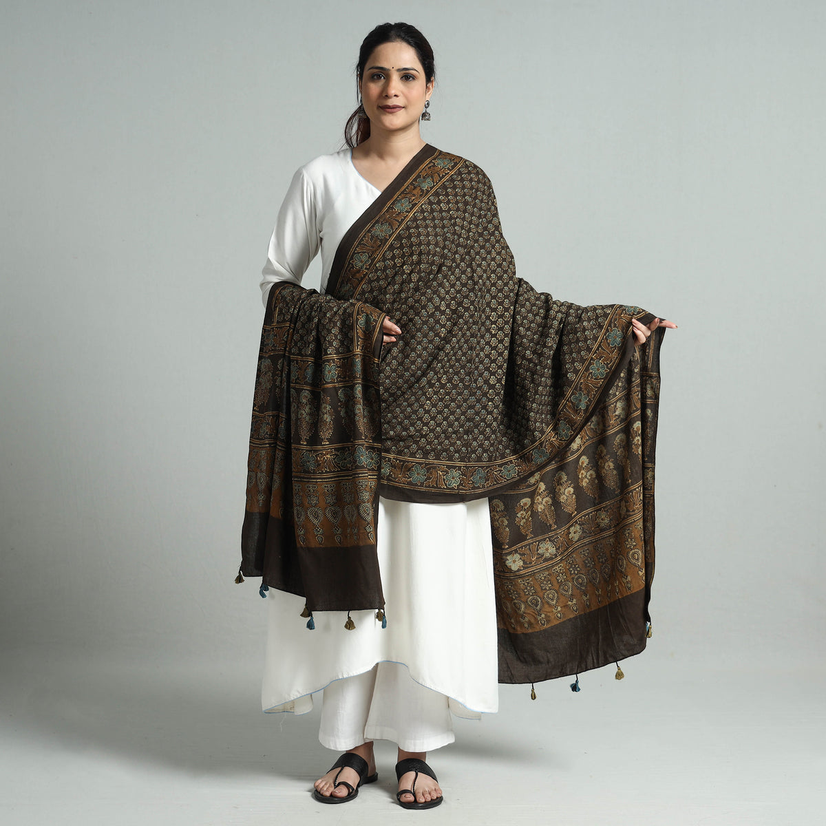 Brown - Hand Block Printed Cotton Ajrakh Dupatta 21