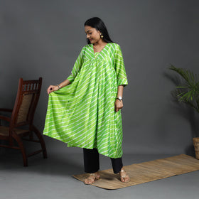  Green Chanderi Silk Tie-Dye Flared Leheriya Kurta for Women