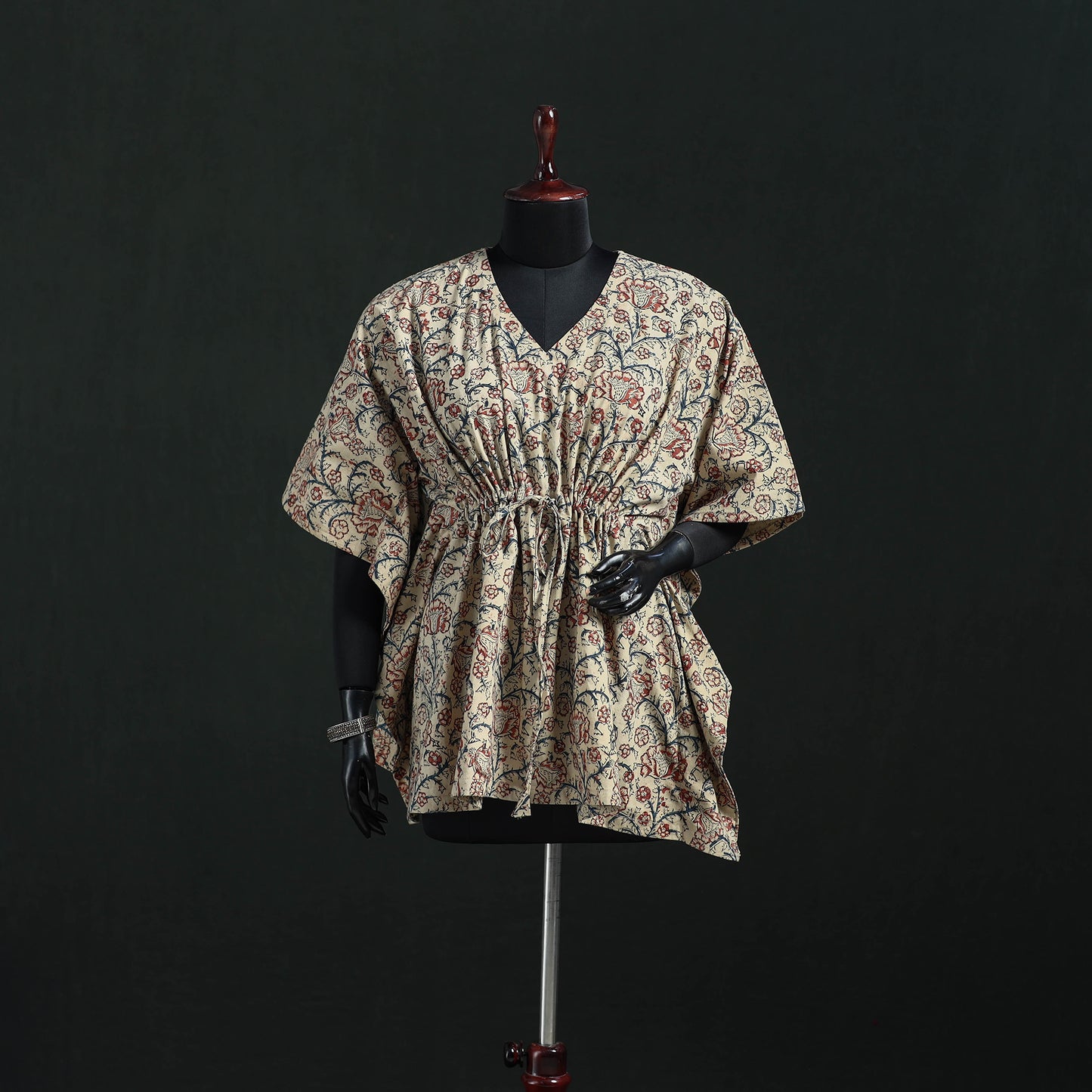 Beige - Kalamkari Hand Block Print Natural Dyed Cotton Kaftan (Short) 18