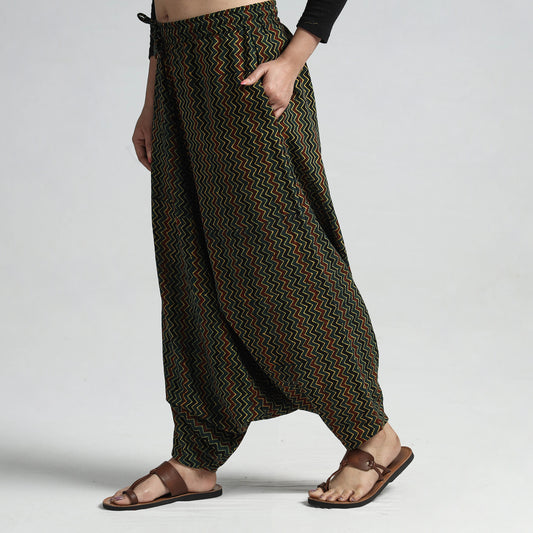 Dark Green - Ajrakh Hand Block Printed Cotton Elasticated Harem Pant