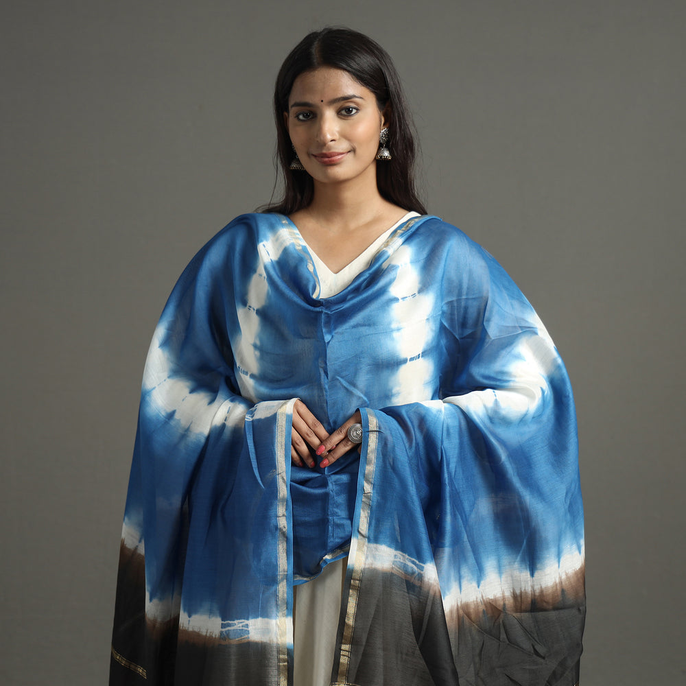 Blue - Shibori Tie-Dye Handloom Chanderi Silk Dupatta with Zari Border 49