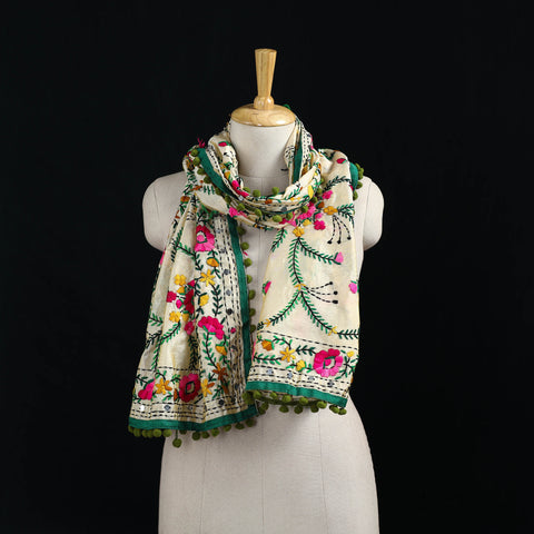 Ranihati Chanderi Silk Hand Embroidered Stole with Pom Pom 165