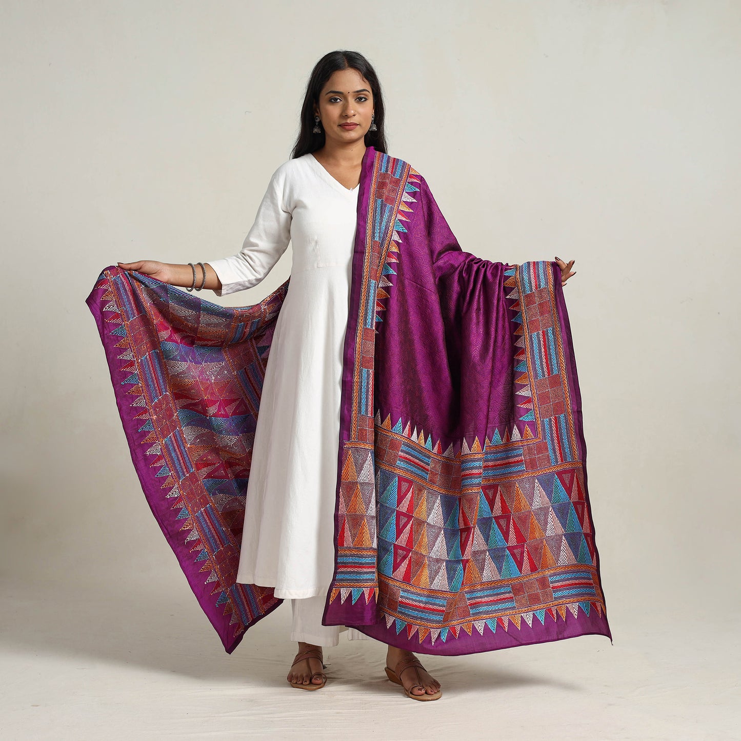 Purple - Bengal Handloom Silk Kantha Embroidery Dupatta 03