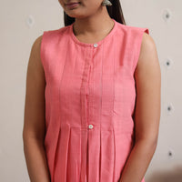 Peach - Handwoven Pleated Sleeveless Plain Dress 31