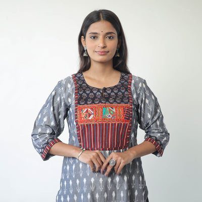 Grey - Mercerised Cotton Pochampally Ikat Kurta (Straight) 06