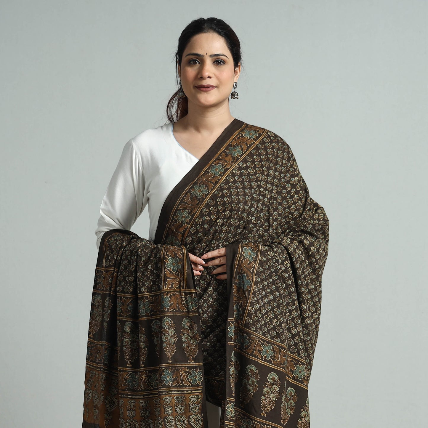 Brown - Hand Block Printed Cotton Ajrakh Dupatta 21