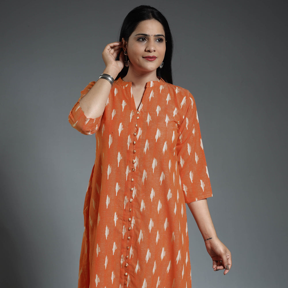 Peach Pochampally Ikat Weave Cotton Long Kurta