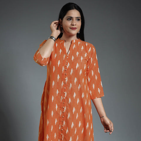 Peach Pochampally Ikat Weave Cotton Long Kurta