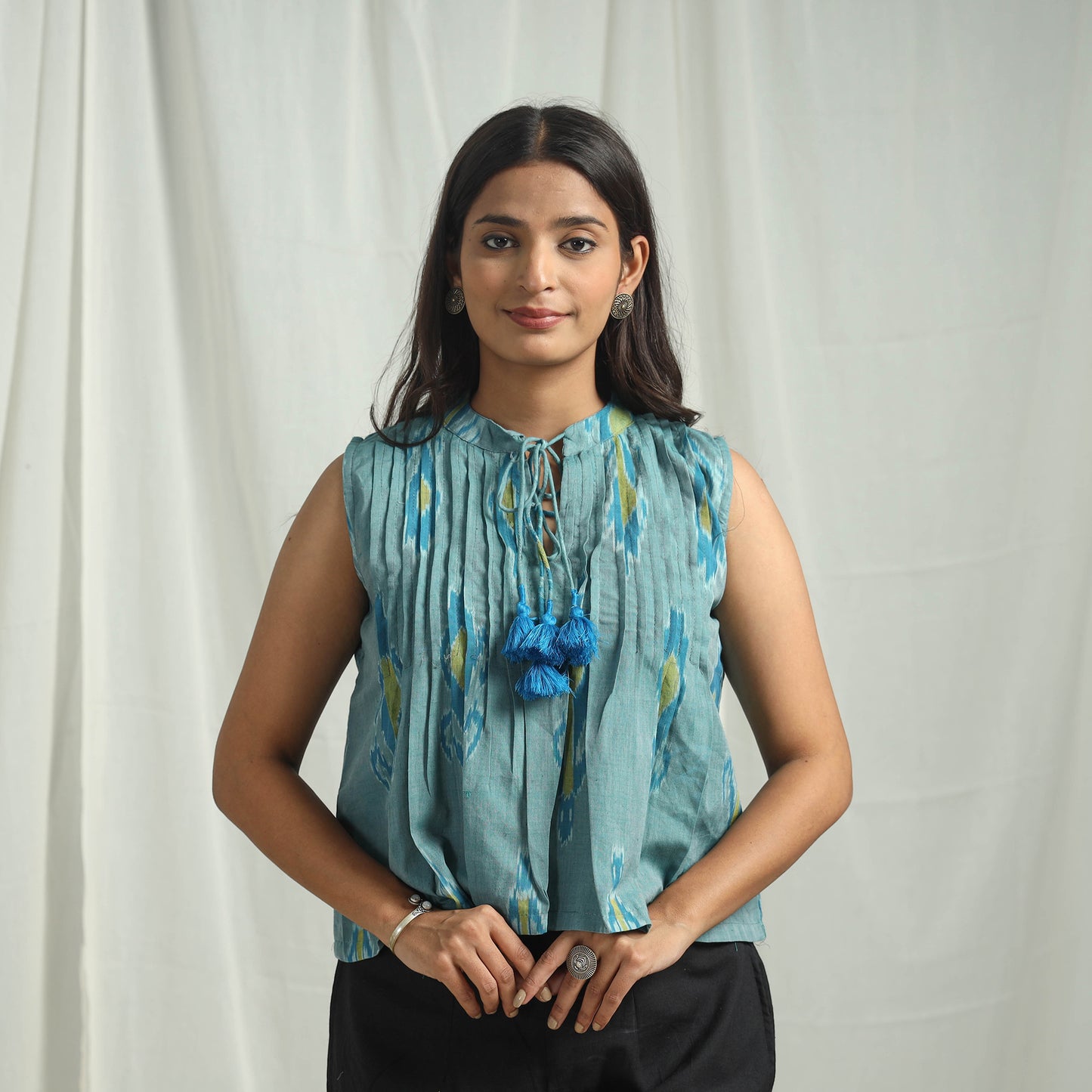 Blue - Handloom Cotton Central Asian Pochampally Ikat Crop Top 01