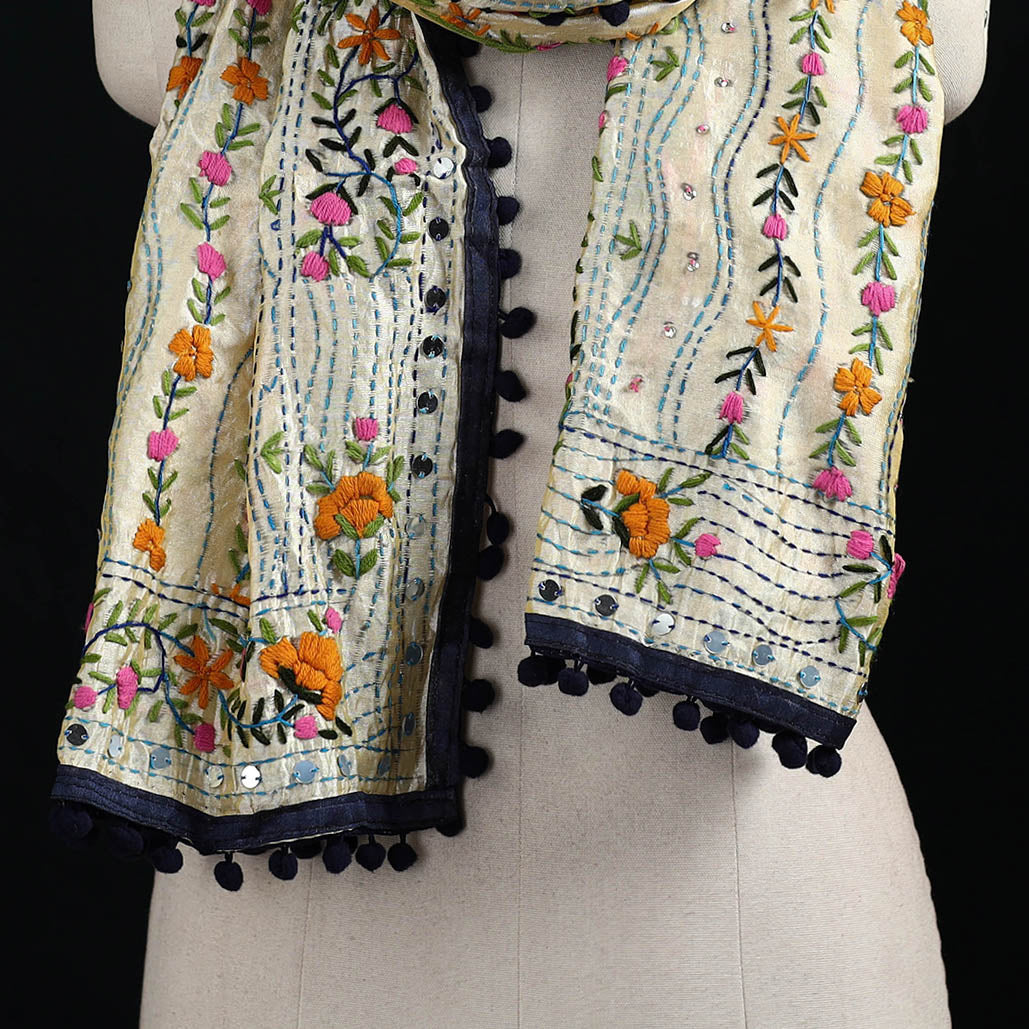 Ranihati Chanderi Silk Hand Embroidered Stole with Pom Pom 166