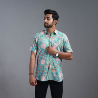 Sea Green - Sanganeri Block Printed Cotton Men Half Sleeve Shirt 15