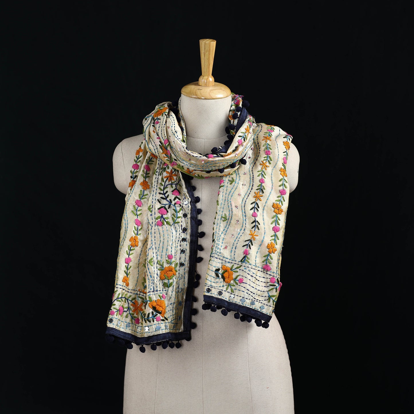 Ranihati Chanderi Silk Hand Embroidered Stole with Pom Pom 166