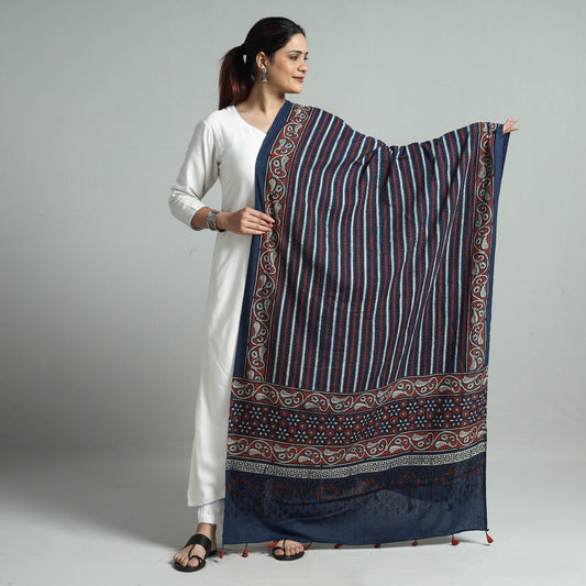 Blue - Hand Block Printed Cotton Ajrakh Dupatta 22