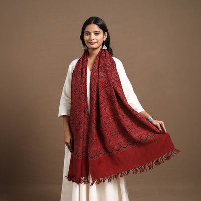 Red - Kutch Handwoven Ajrakh Print Pure Wool Stole 27