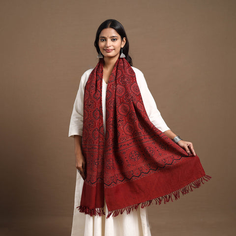 Red - Kutch Handwoven Ajrakh Print Pure Wool Stole 27