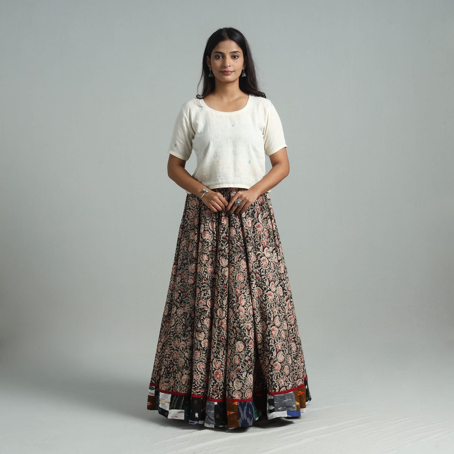 Multicolor - Hand Block Printed Cotton Long Kalamkari Skirt 16