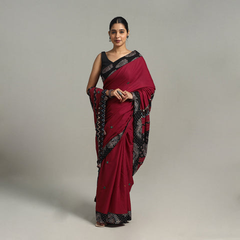 Maroon - Applique Patchwork Mul Cotton Tagai Ajrakh Saree 15