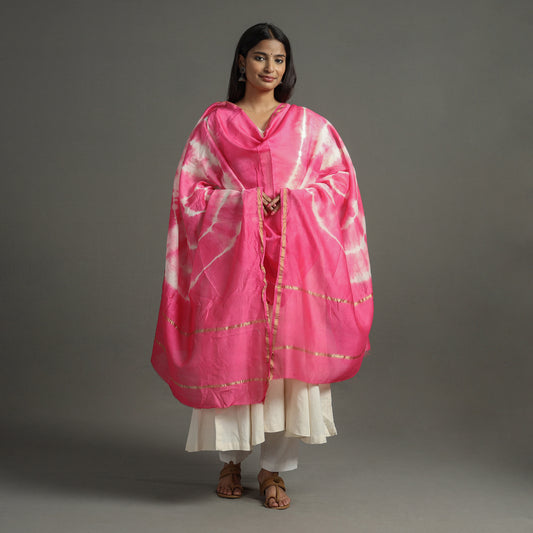 Pink - Shibori Tie-Dye Handloom Chanderi Silk Dupatta with Zari Border 50