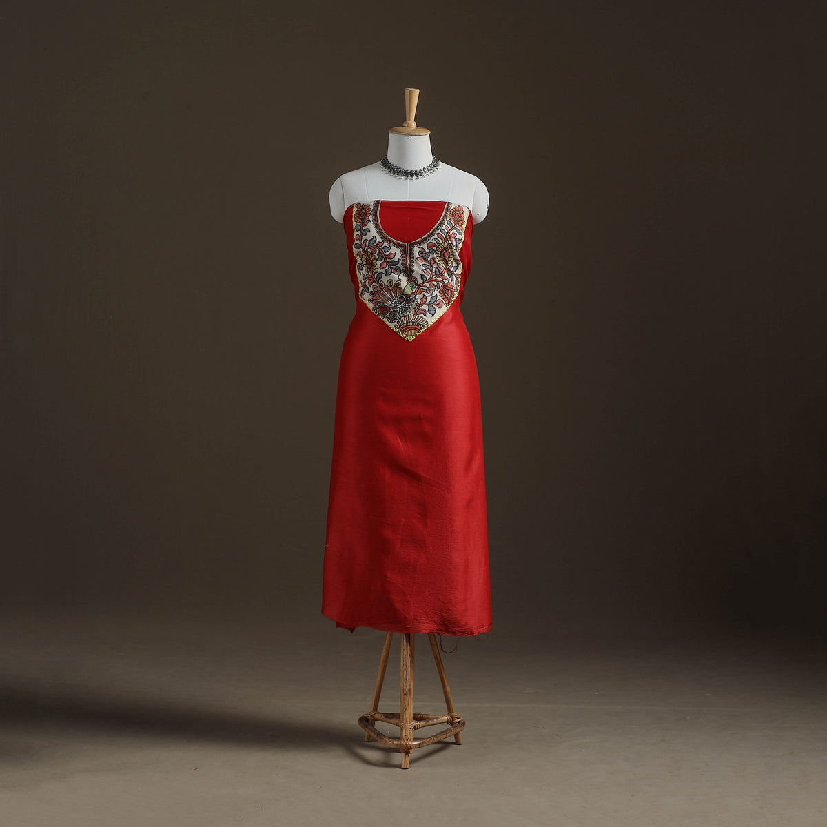 Red - Handpainted Srikalahasti Handloom Chanderi Silk Unstitched Kurta (2.3M) 05