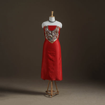 Red - Handpainted Srikalahasti Handloom Chanderi Silk Unstitched Kurta (2.3M) 05