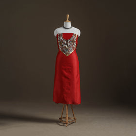 Red - Handpainted Srikalahasti Handloom Chanderi Silk Unstitched Kurta (2.3M) 05