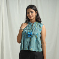 Blue - Handloom Cotton Central Asian Pochampally Ikat Crop Top 01