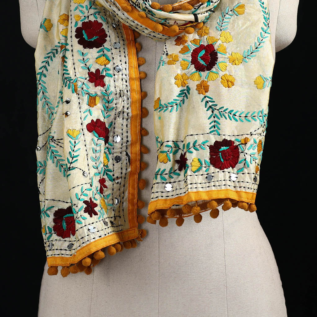 Ranihati Chanderi Silk Hand Embroidered Stole with Pom Pom 167