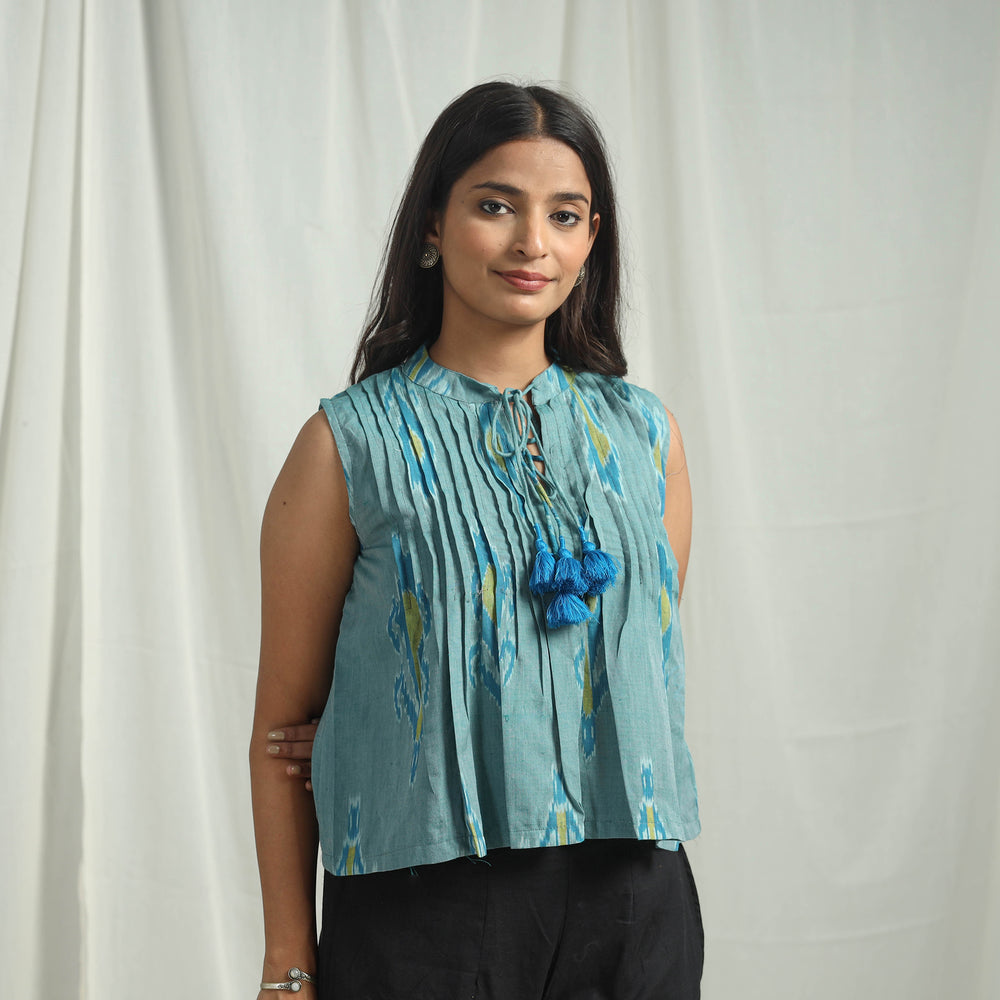 Blue - Handloom Cotton Central Asian Pochampally Ikat Crop Top 01