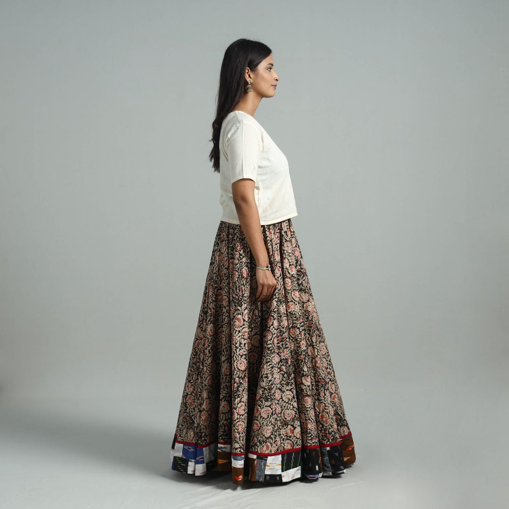 Multicolor - Hand Block Printed Cotton Long Kalamkari Skirt 16