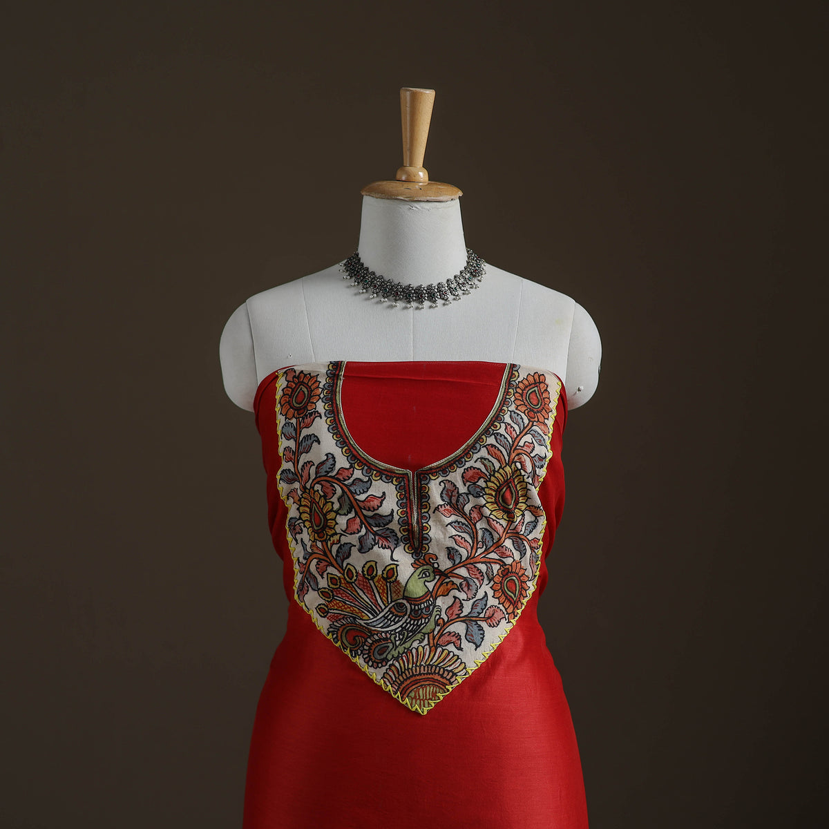 Red - Handpainted Srikalahasti Handloom Chanderi Silk Unstitched Kurta (2.3M) 05