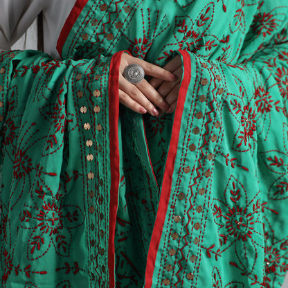 Green - Ranihati Georgette Chapa Work Phulkari Embroidered Dupatta 74