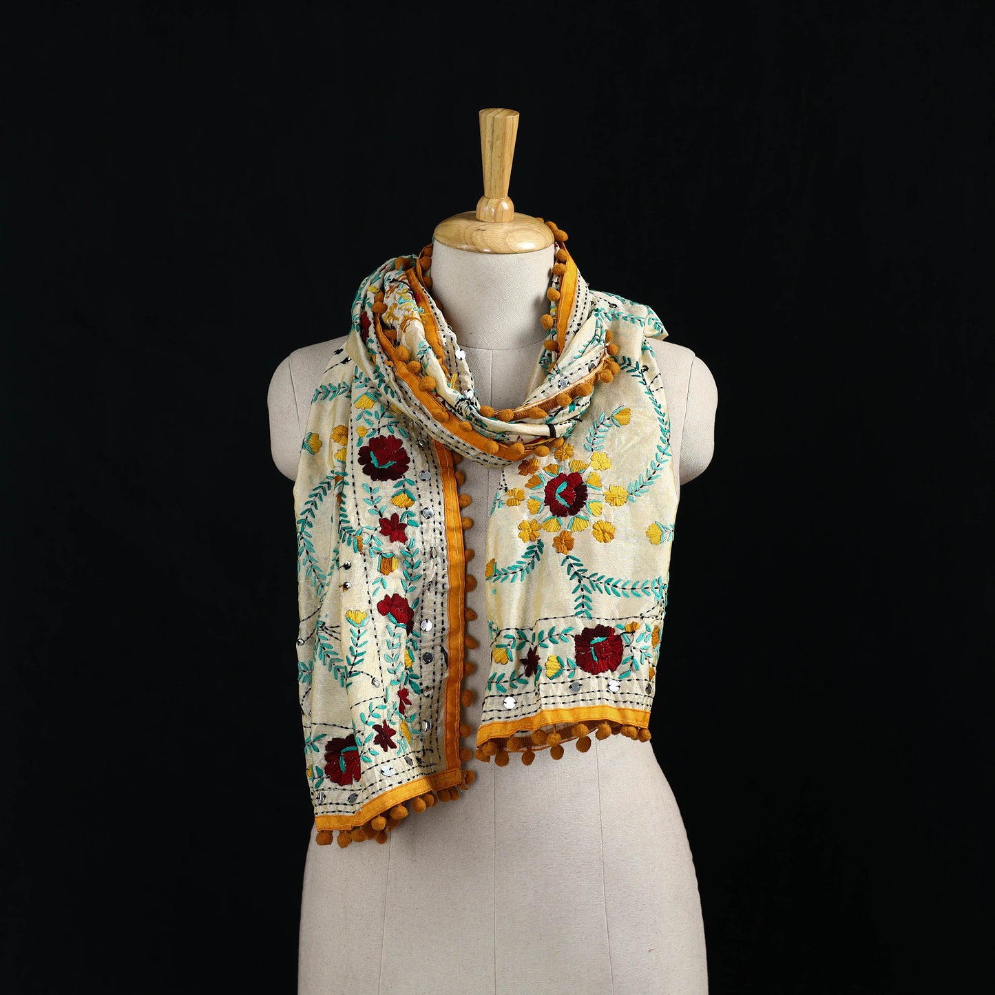 Ranihati Chanderi Silk Hand Embroidered Stole with Pom Pom 167
