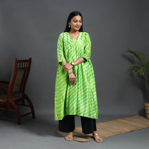 Green - Chanderi Silk Tie-Dye Flared Leheriya Kurta 11