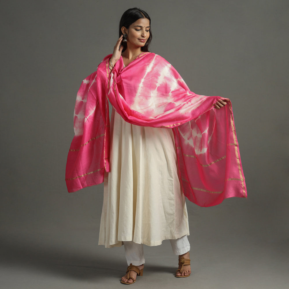 Pink - Shibori Tie-Dye Handloom Chanderi Silk Dupatta with Zari Border 50