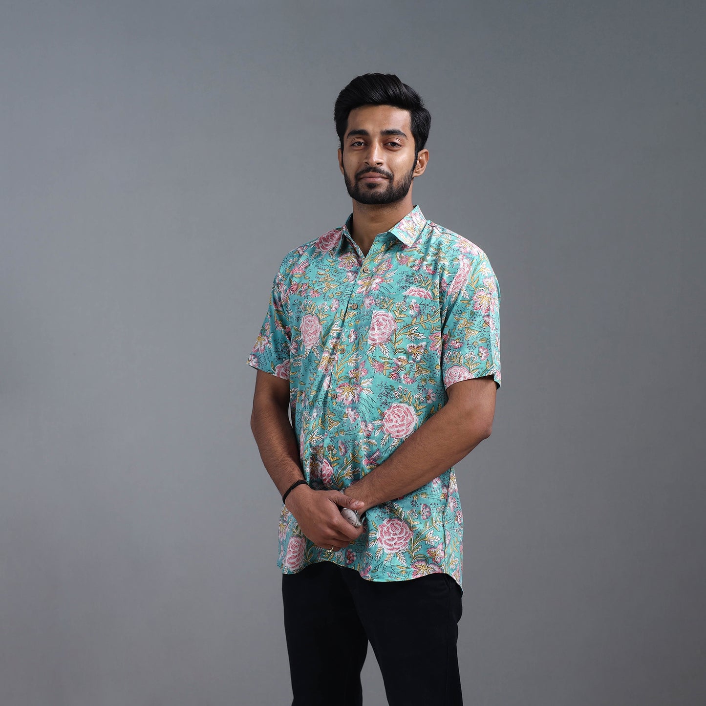 Sea Green - Sanganeri Block Printed Cotton Men Half Sleeve Shirt 15