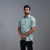 Sea Green - Sanganeri Block Printed Cotton Men Half Sleeve Shirt 15