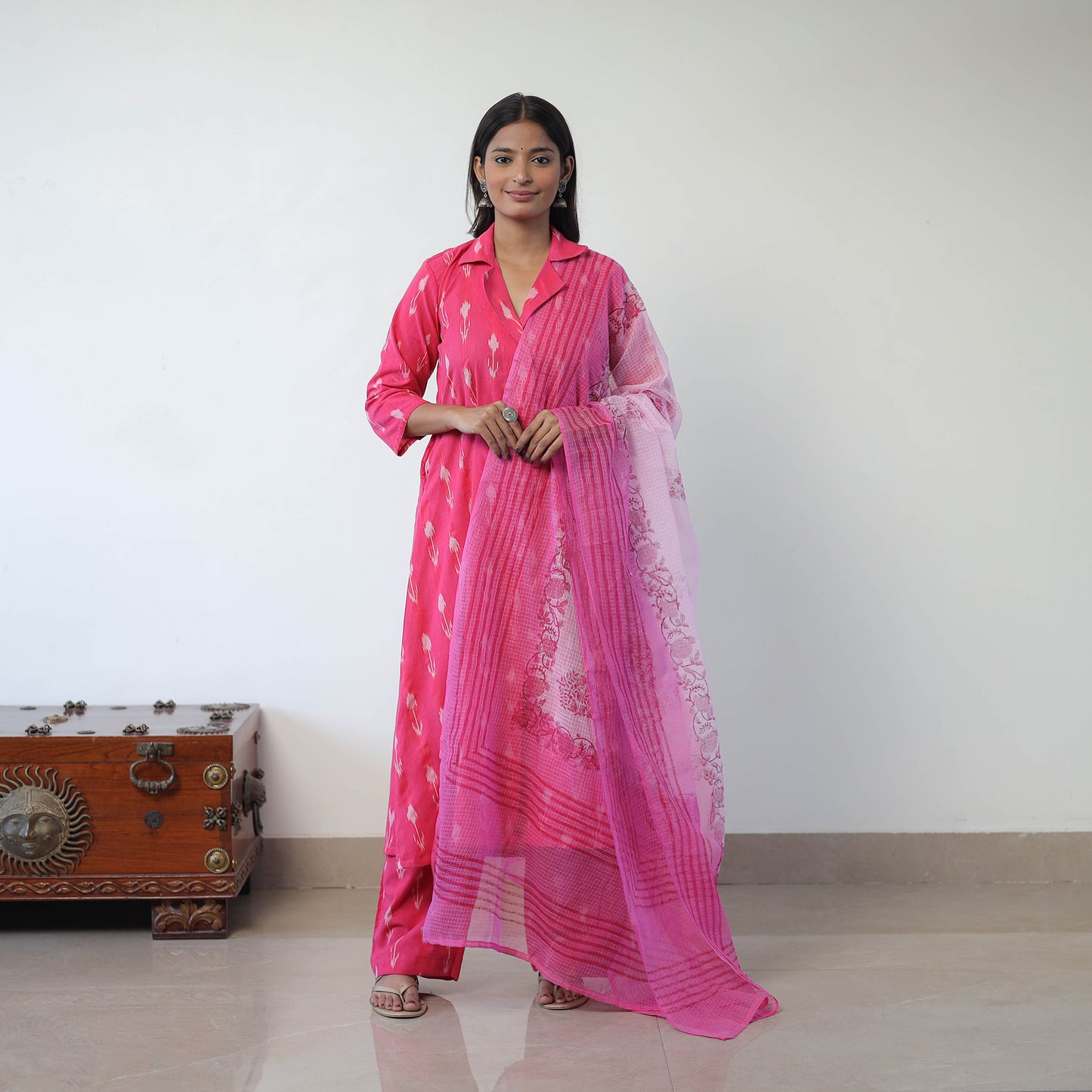 Pink - Handloom Cotton Pochampally Ikat Kurta Set with Dupatta 08