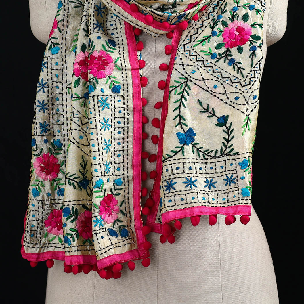 Ranihati Chanderi Silk Hand Embroidered Stole with Pom Pom 168