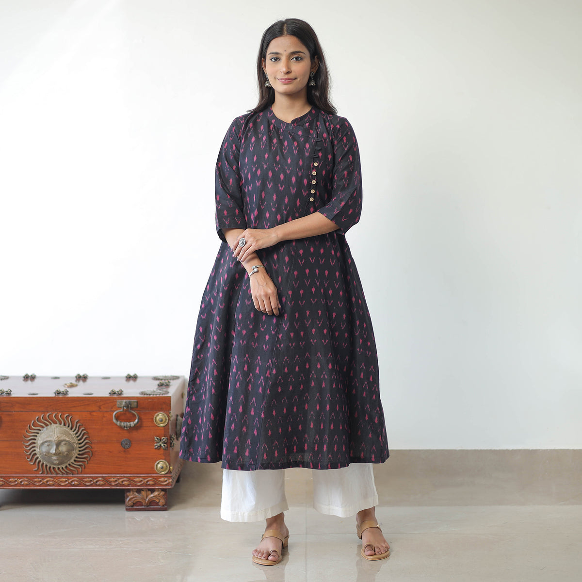 Blue - Mercerised Cotton Pochampally Ikat Kurta (A-Line) 05