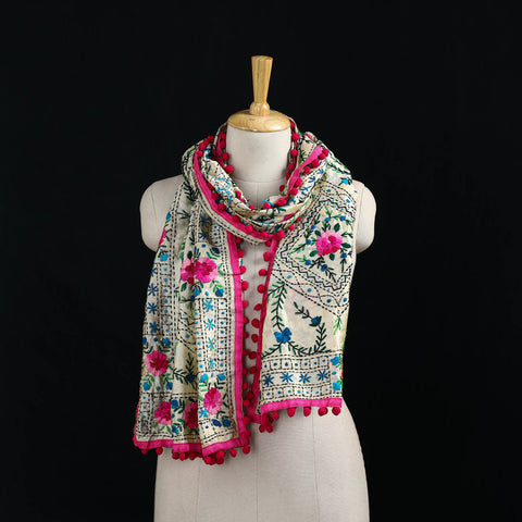 Ranihati Chanderi Silk Hand Embroidered Stole with Pom Pom 168
